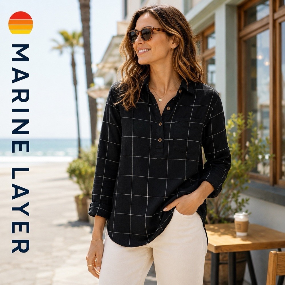 Marine Layer Josie Relaxed Popover Black‎ White Windowpane Organic Cotton S NWT